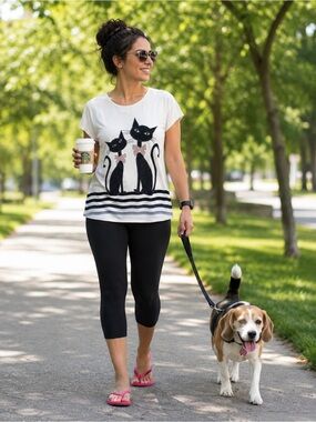 🛍️NWT Casual White Short-Sleeve Cool Cats Tee with Bling Embellishments